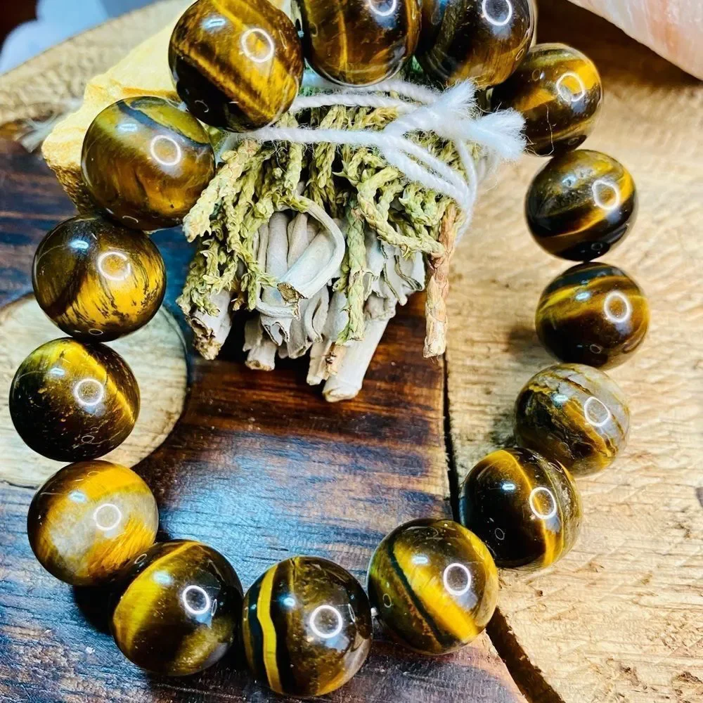 Natural Yellow Tiger's Eye Large Bead Gemstone Bracelet 14mm